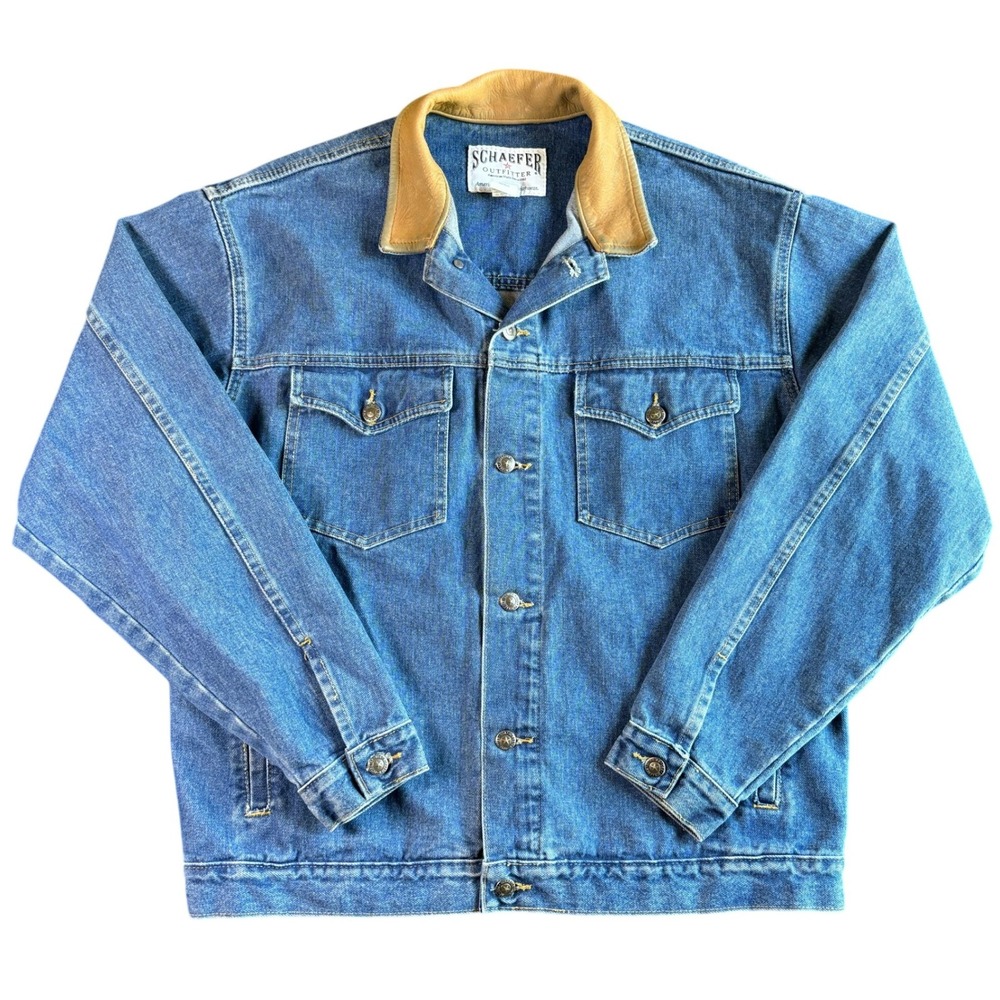 Schaefer Outfitter Mens Legend Denim Leather Collar Ranch Jacket Large Blue USA